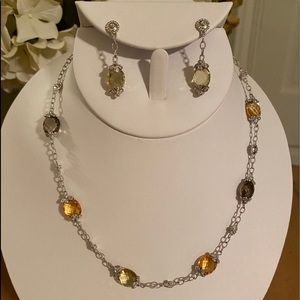 14k solid white gold flower necklace and earrings gemstone set